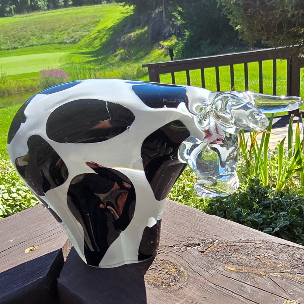 Vintage Murano Style Black & White Spotted Glass Cow Figurine Art Glass